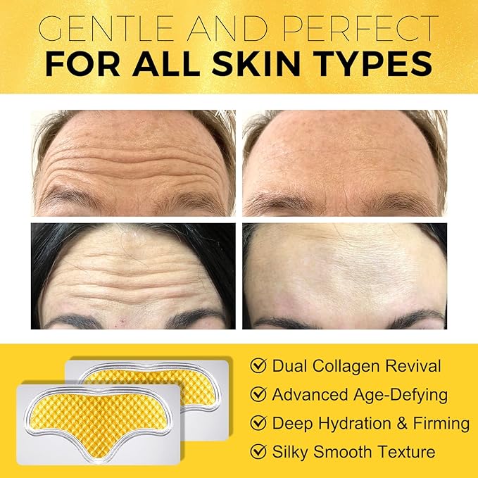 24K Gold Forehead Patches, 20 Minute Wrinkle Smoothing Patches with Dual Collagen & Hyaluronic Acid, Anti Aging Face Patches for Visible Results, Luxury Skin Care Treatment for Fine Lines (12 Pcs)