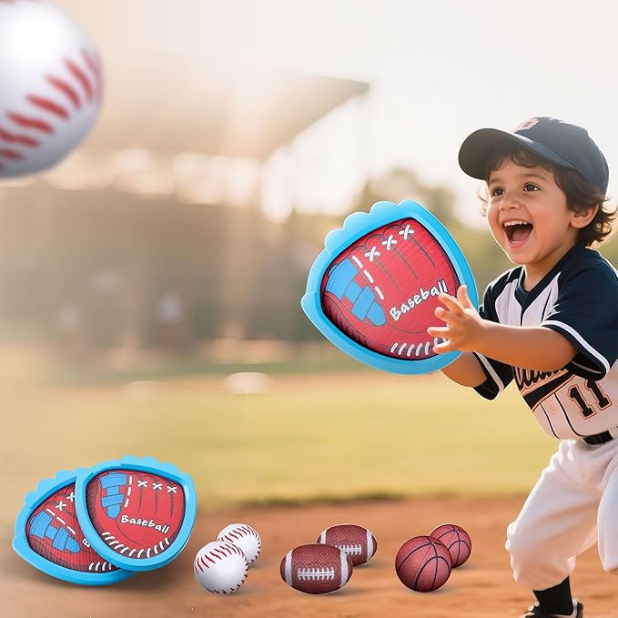 iPlay, iLearn Kid Toss Catching Ball Game, Toddler Baseball Toy Set W/ 2 Training Gloves 6 Soft Balls, Sport Outdoor Play Game for Yard Camping Activity, Birthday Gift 3 4 5 6 7 8-12 Year Old Boy Girl
