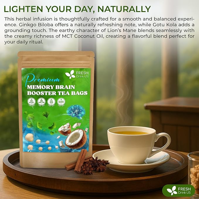 FreshDrinkUS, Memory Brain Booster Herbal Tea – 40 Tea Bags – Ginkgo Biloba, Gotu Kola, Lion's Mane & MCT Coconut Oil – Smooth, Earthy Flavor – Caffeine-Free – Daily Herbal Blend for Anytime Use