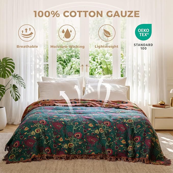 LUTBM Boho Throw Blanket for Bed 60"x80", 100% Cotton Cozy Couch Blankets | Forest Green Reversible Floral, All-Season Twin Quilt, For Chair Sofa Living Room Decor, Lightweight & Breathable, Women Gift