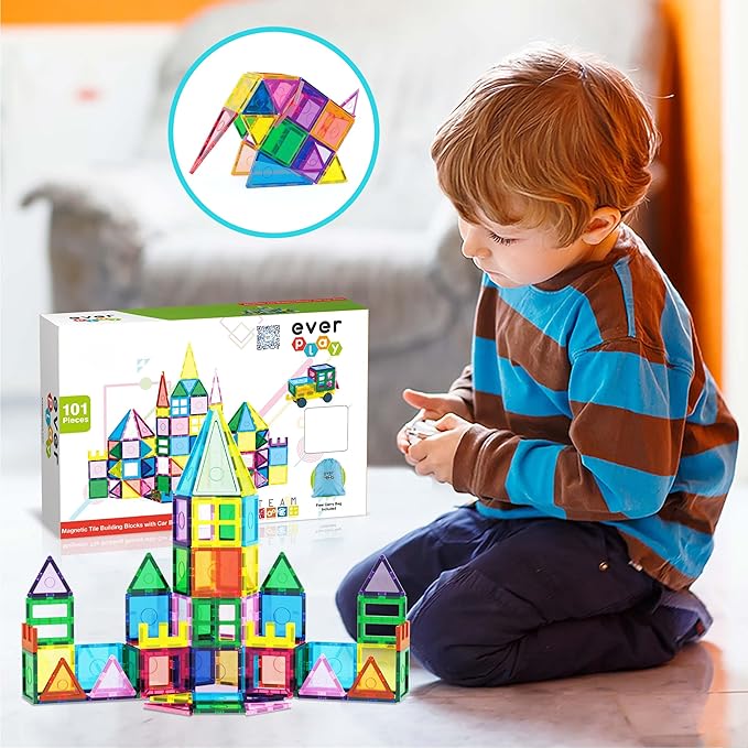 101pc Magnet Tile Building Blocks with Car Base Drawstring Carry Bag Magnetic Construction Playset Early Childhood Play Fine Motor Sensory Skills STEAM Educational Learning Toy Age 3+ EP101