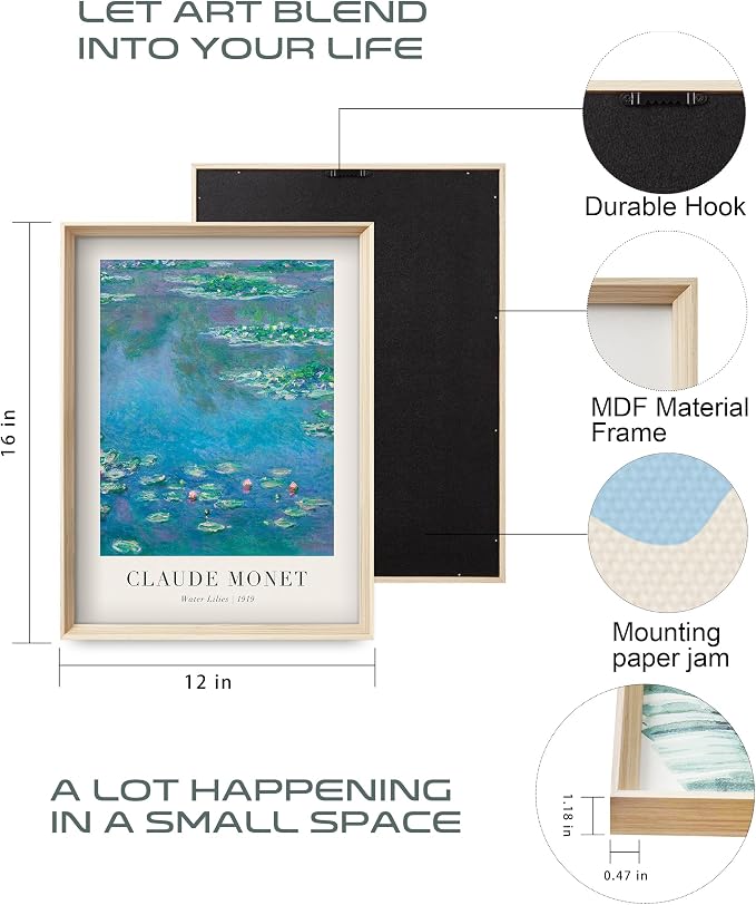 HesenDot Framed Claude Monet Water Lilies Canvas Wall Art Set of 3 12x16in | Vintage Impressionist Botanical Painting, High Framed Design Prints, Classic Wall Decor for Living Room Bedroom Bathroom