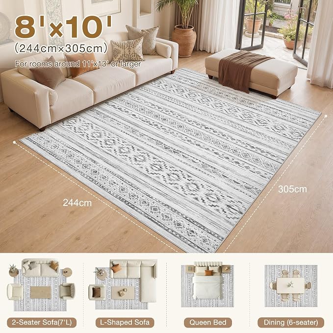 cotiled 8x10 Area Rugs Living Room Rug: Washable Boho Rugs with Non Slip Backing Large Soft Indoor Stain Resistant Carpet for Bedroom Farmhouse Dining Room Lightweight Home Decor Cream Grey