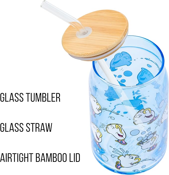 Silver Buffalo Disney Beauty and the Beast Featuring Chip Teacup Blue Glass Jar Tumbler with Bamboo Lid and Glass Straw, 16 Ounces