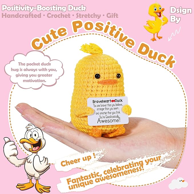 RoomyRoc Inspirational Crochet Duck, Positive Affirmation Duck Toy for Anxiety & Stress Relief, Handmade Mental Health Gifts for Women Men, Cute Home Office Desk Decor for Adults Teens