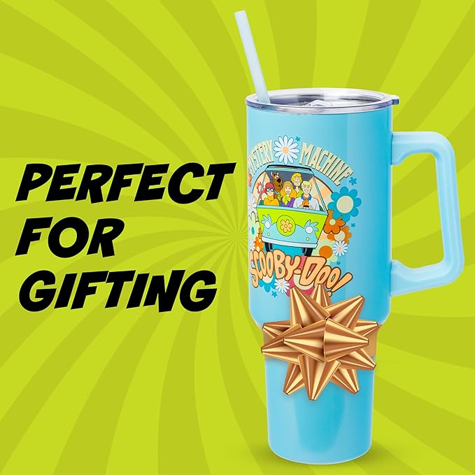 Silver Buffalo Scooby Doo Mystery Machine Featuring Shaggy, Velma, Fred and Daphne Double Walled Stainless Steel Tumbler with Handle and Straw, Fits in Standard Cup Holder, 40 Ounces