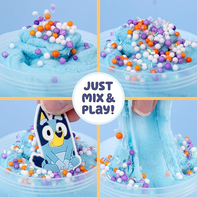 Official Bluey SLIMYGLOOP Mix'Ems, Pre-Made Cloud Slime, Bubblegum Scent, Fun Slime Add Ins Including Bluey Charm, Foam Balls, Glitter, Fidget Toy, Super Soft Non-Sticky Stress Relief Toy