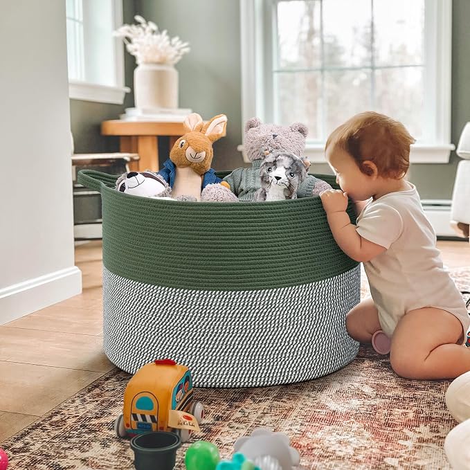 INDRESSME 115L Extra Large Woven Rope Blanket Basket Living Room Green | 23.6" x 15.7" Storage baskets for toys laundry & pillows. Fits living room, bedroom or nursery décor. Soft-touch with handles