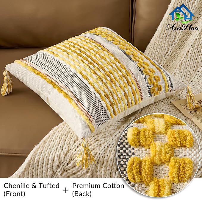 Set of 2 Chenille Striped Textured Boho Throw Pillow Covers Aesthetic with Tassels Woven Decorative Pillow Case for Couch Bed Sofa Bedroom Modern Funky 18 x 18-Inch Yellow