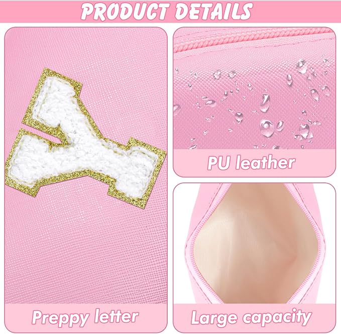 URSKYTOUS Initial Makeup Bag Personalized Preppy Travel Small Cosmetic Bag Cute PU Pink Chenille Letter Makeup Pouch for Purse Waterproof Zippered Toiletry Organizer for Women Girls Kids Friends (Y)