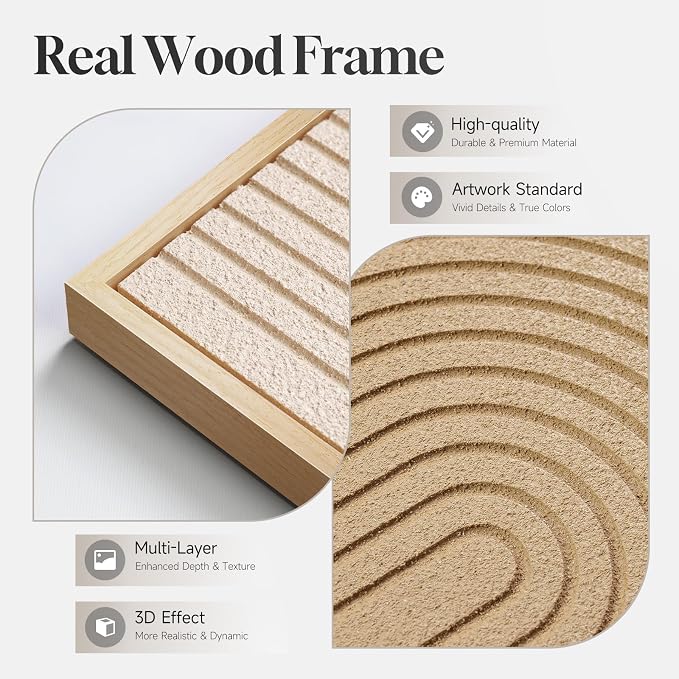Large 3D Textured Framed Neutral Abstract Wall Art Set, 3 Piece 24x36 In | Solid wood frames, sculptural line texture, beige brown tan tones, ready to hang, wall decor for living room bedroom office