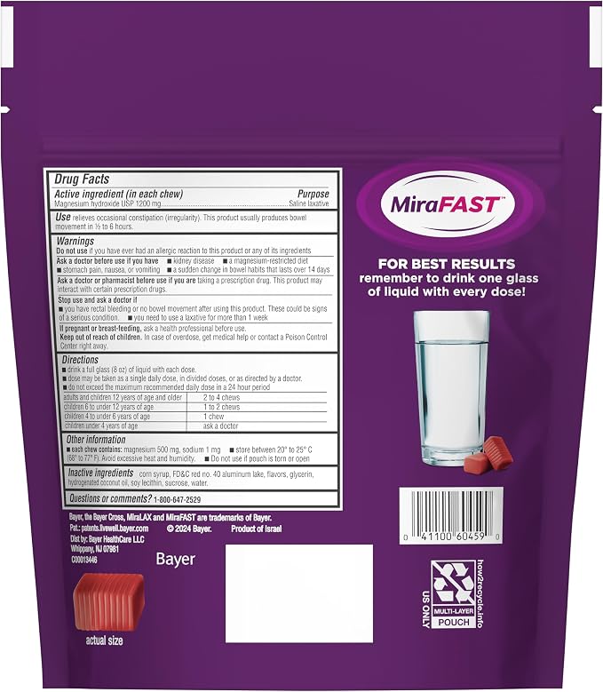 MiraFAST Soft Chews, from the Makers of MiraLAX, Gentle Constipation Relief, Fast Acting, Stimulant Free Saline Laxative, Magnesium Hydroxide, Blueberry & Raspberry Flavor, 60ct