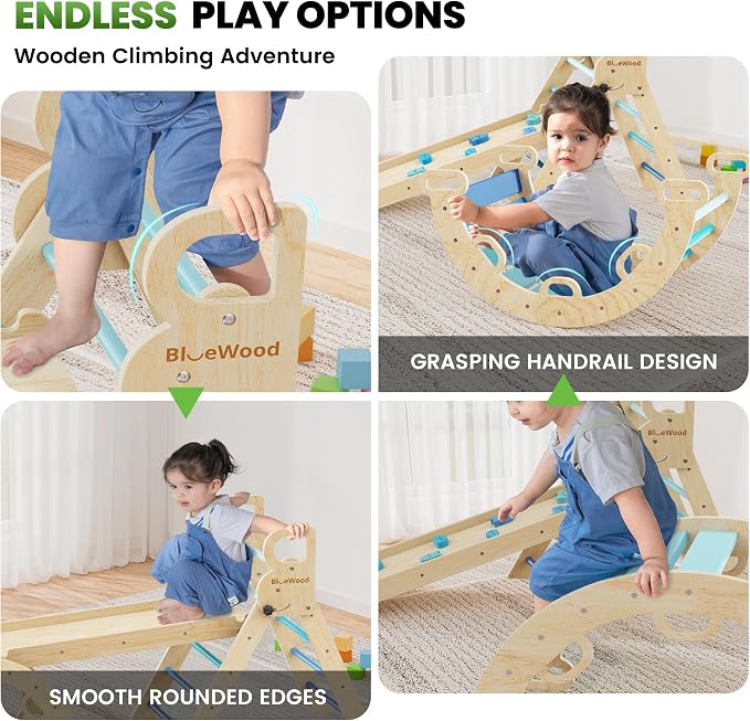 BlueWood Pikler Triangle Set with Safe Handle, Foldable 7-in-1 Montessori Toddler Climbing Toys Indoor, Wooden Pickler Climbing Set, Baby Jungle Gym & Playground, Climbing Toys for 1-3 Year, Sky Blue