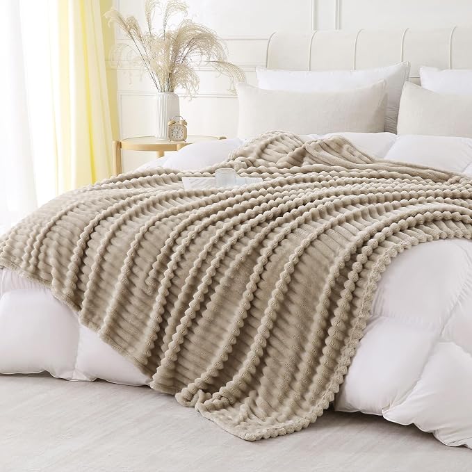 Khaki Throw Blanket for Couch Sofa 50x70 inches Striped Design | Fleece Blankets Room Home Decor Lightweight Plush Soft Cozy Gifts for Women Mom