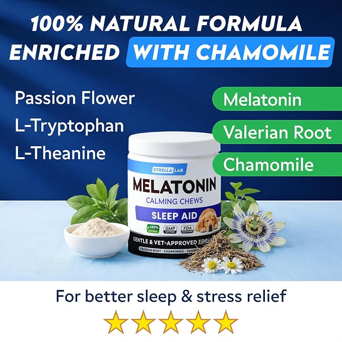 STRELLALAB Melatonin for Dogs to Sleep 6mg - Doggie Sleep Aid Treats - Sleeping Pills for Anxiety - Extra Strength Calming Chews Large & Small Breed Help Sleep at Night - Made in USA - 60Ct