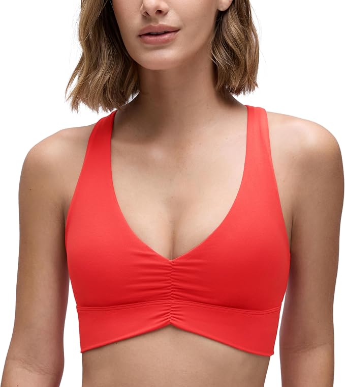 CRZ YOGA Butterluxe Ruched Longline Sports Bras for Women - V Neck Padded Yoga Tank Wide Straps Cross Back Crop Tops