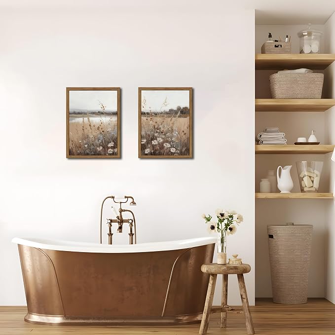 Wood Frame Vintage Wall Art Set of 2, Retro Farmhouse Wildflower Wall Decor Paintings Art Pictures, Country Floral Field Landscape Canvas Posters Prints for Bedroom Bathroom 12x16In Framed