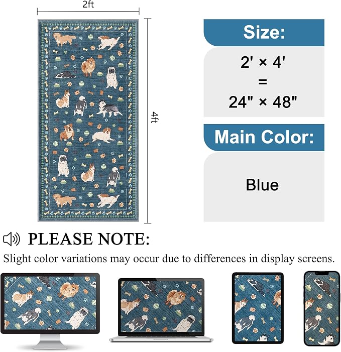 DUKINO 2x4 Rug Runner, Washable Dog Bathroom Rug Soft Non Slip, Blue | Low Pile, Non-Shedding, Stain Resistant, Indoor Animal Carpet Runner for Kitchen Entryway Hallway Laundry Farmhouse Bedroom