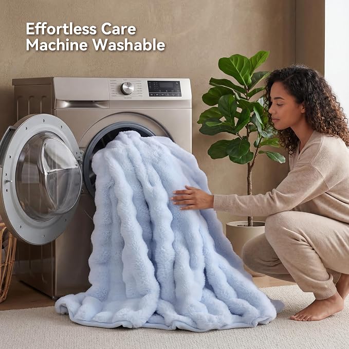 Faux Rabbit Fur Throw for Couch - Light Blue Bubble Blanket 60"x80" | Fluffy Plush Fuzzy Throw for Sofa & Bed, Super Soft Cozy Comfrt Blanket, Luxury Aesthetic Light Blue Decor Gift for Women