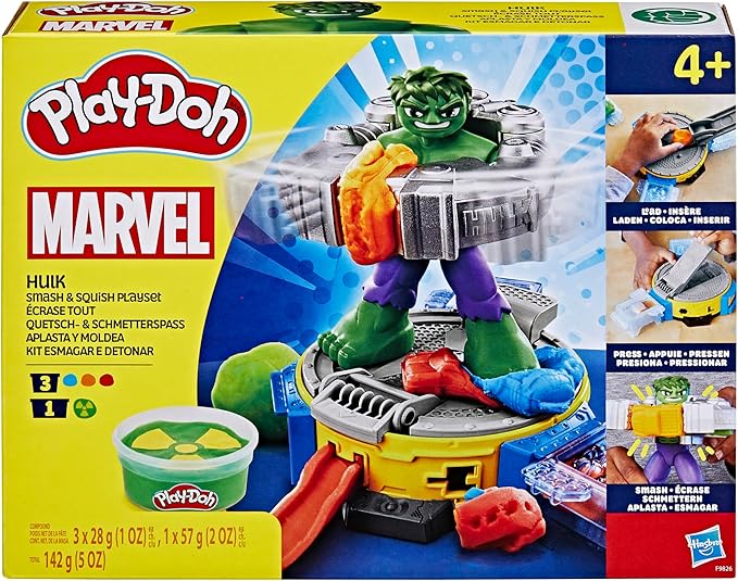 Play-Doh Marvel Hulk Smash & Squish Kids Playset with Bendy Action Figure and Accessories, Imagination Toys for Boys and Girls 4 and Up
