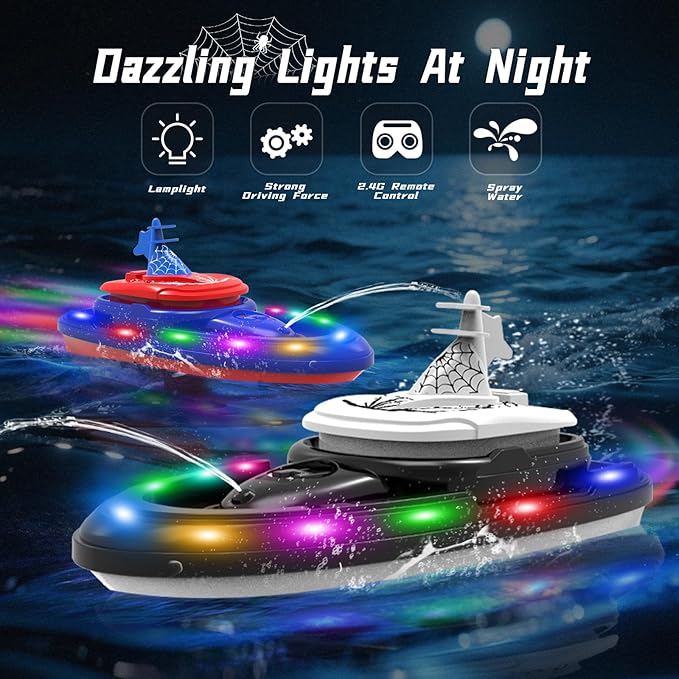 RC Battle Boat 2-Pack with Water Spray, Remote Control Boat Toys Dual Combat Modes, LED Lights - for Pools, Lakes, Outdoor Fun - Gift for Boys, Kids, Adults