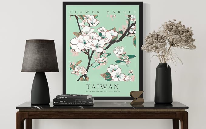 Taiwan, Plum Blossom Art Print Poster, Flower Market Wall Art, Floral Artwork Decor for Bedroom, Kitchen, Bathroom, Livingroom Decoration 52 (Taiwan, Plum Blossom, 20"L x 16"W, Black Frame)