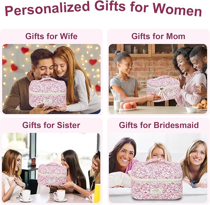 GISMTR 3Pcs Makeup Bag Cotton Quilted Travel Cosmetic Bag Cute Floral Makeup Pouch Large Toiletry Bag for Women Girls