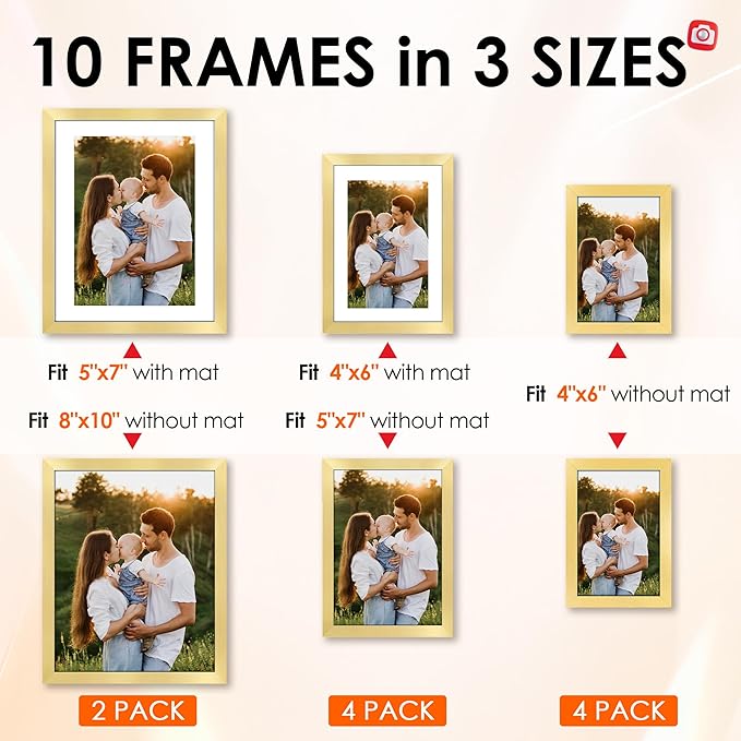 10 Pack Picture Frames Collage Wall Decor for Mounting or Tabletop Display, Gallery Wall Frame Set with Two 8x10 Gold Frames, Four 5x7 and Four 4x6 Frames, Multi-Pack Photo Frame Set