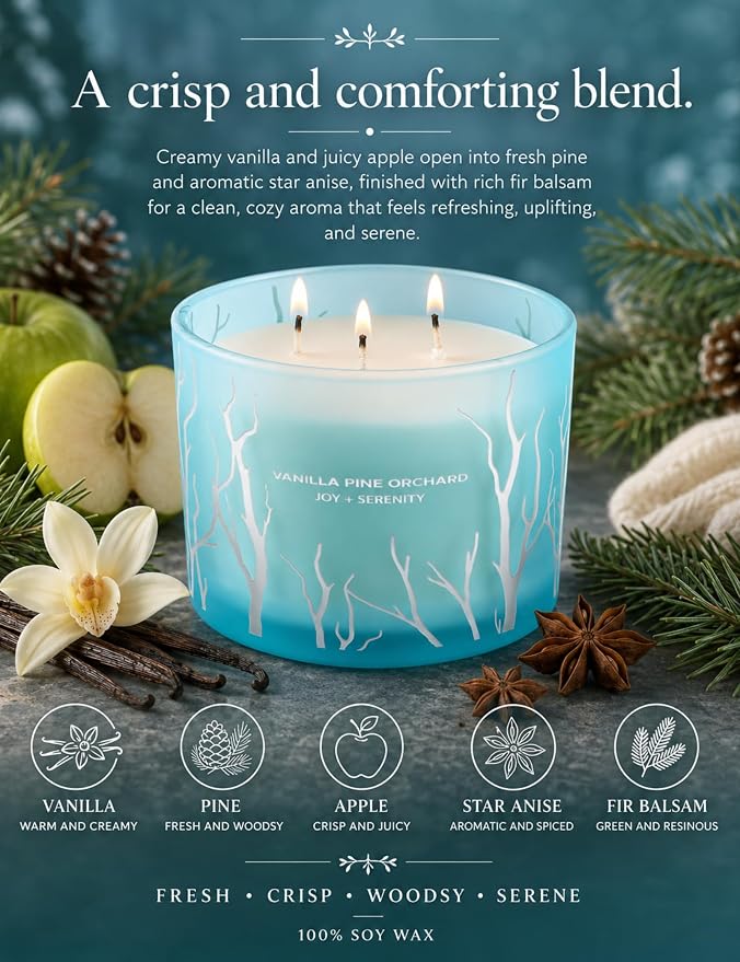 Vanilla Pine Orchard Candle | 14.5oz Large 3 Wick Soy Wax Candle for Home | Strongly Scented Winter Apple Vanilla Aromatherapy Candle | Long Lasting, Clean Burn | Stress Relief Gift for Women & Men