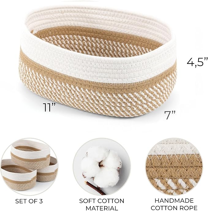 Beautiful Storage Basket Set of 3 - Sturdy Rope Baskets for Shelves | Perfect for Organizing Your Home - Quality Storage Bins Easily Fit with Any Nursery or Bedroom Decor