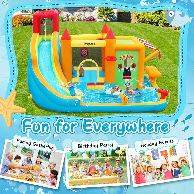 FBSPORT Inflatable Bounce House Water Slide, Bounce House for Kids with Toy Market Stand Splash Pool Bouncer Climbing Wall Water Gun Ball Dart, Bouncy Castle W/620W Blower for Outdoor Indoor, Red