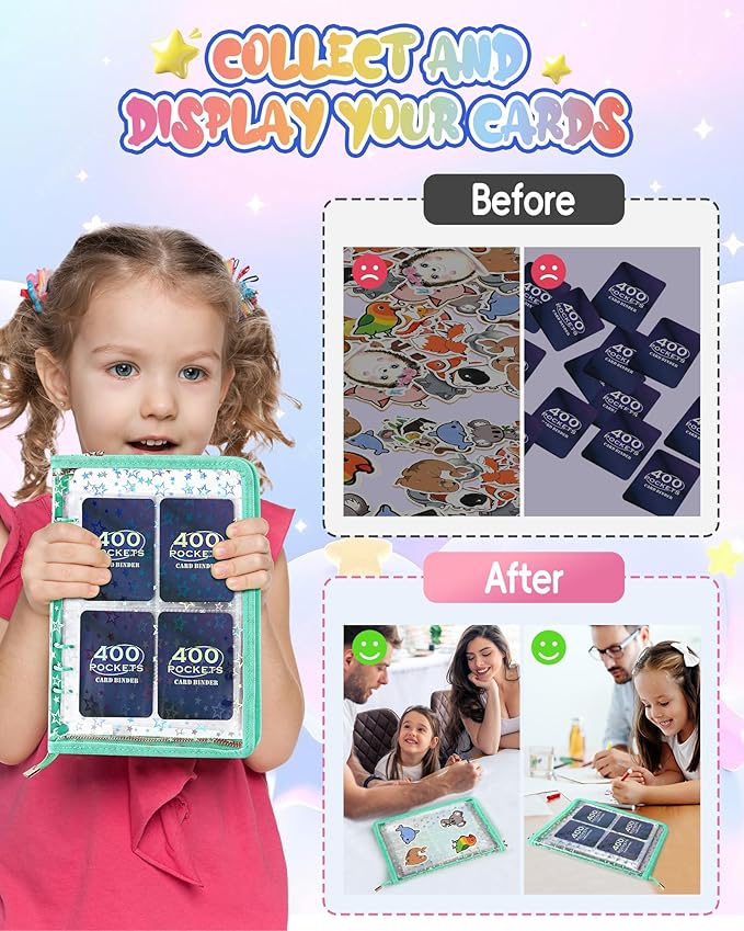 4 Pocket Card Binder with 20 Stickers, A5 Kpop Photocard Binder for 400 Cards, Trading Card Binder, Card Collection Binder, Cute Mini Card Binder for Gifts