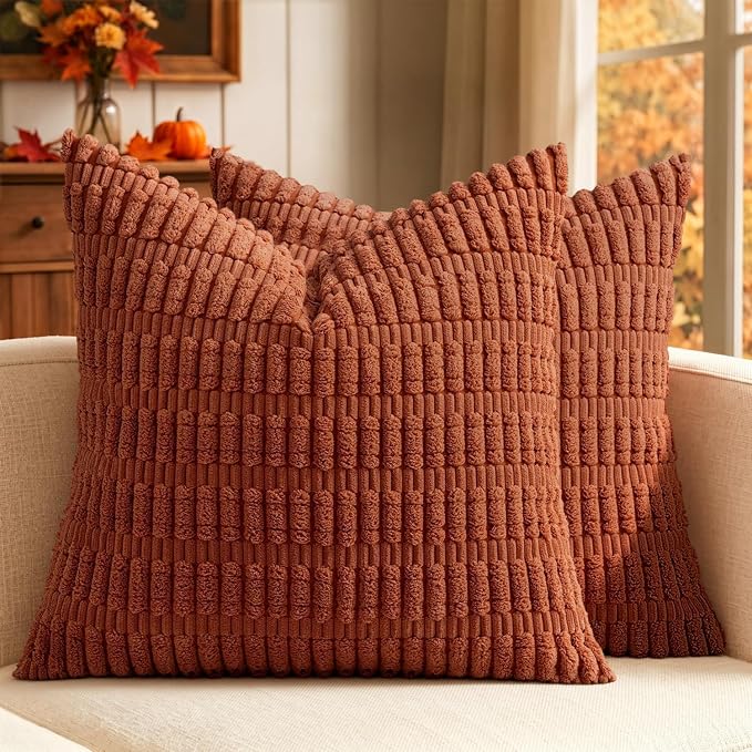 MIULEE Fall Corduroy Decorative Throw Pillow Covers 16x16 Rust Pack of 2 | Terracotta Soft Boho Striped Pillow Covers Modern Farmhouse Autumn Home Decor For Sofa Living Room Couch Bed