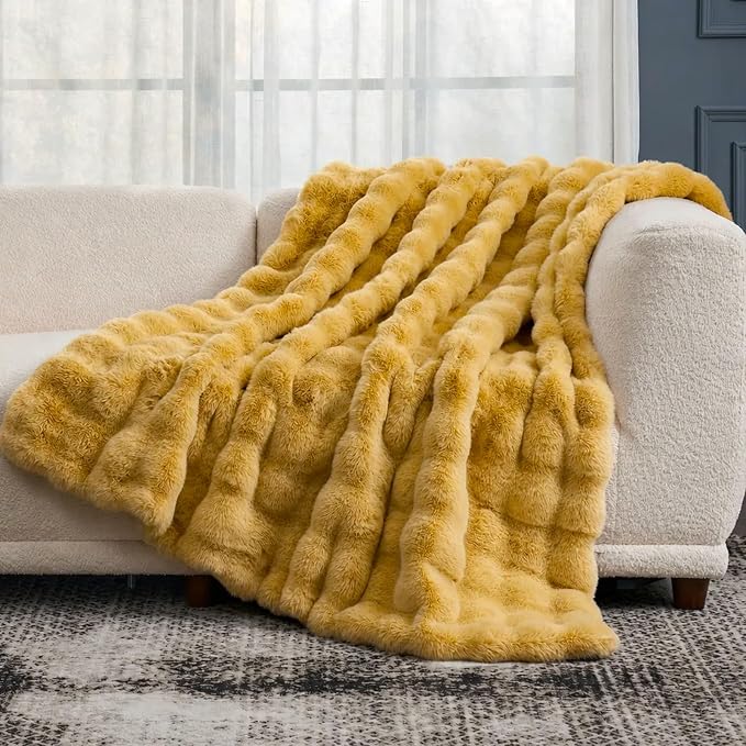 Cozy Bliss Faux Fur Throw Blanket for Couch, Fuzzy Soft Plush Thick Bubble Blanket for Sofa Bedroom Living Room, 50 * 60 Inches Yellow