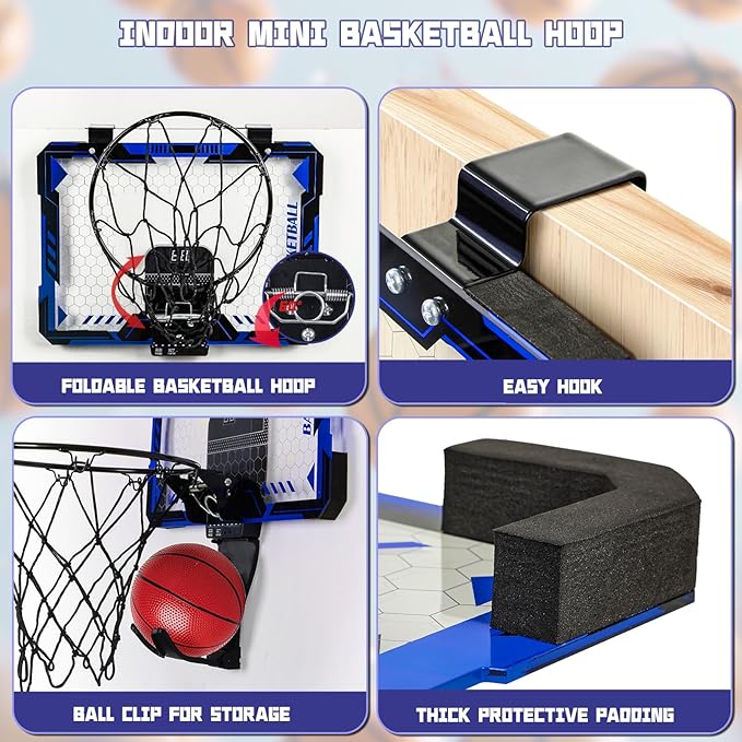 Remote Control Basketball Hoop Indoor for Kids-Over The Door Basketball Hoop with LED Light, Scoreboard, 4 Balls, Air Pump, Bag, Mini Hoop Gift Sport Toy for Boys Girls 3 4 5 6 7 8 9 10 11 12+, Blue