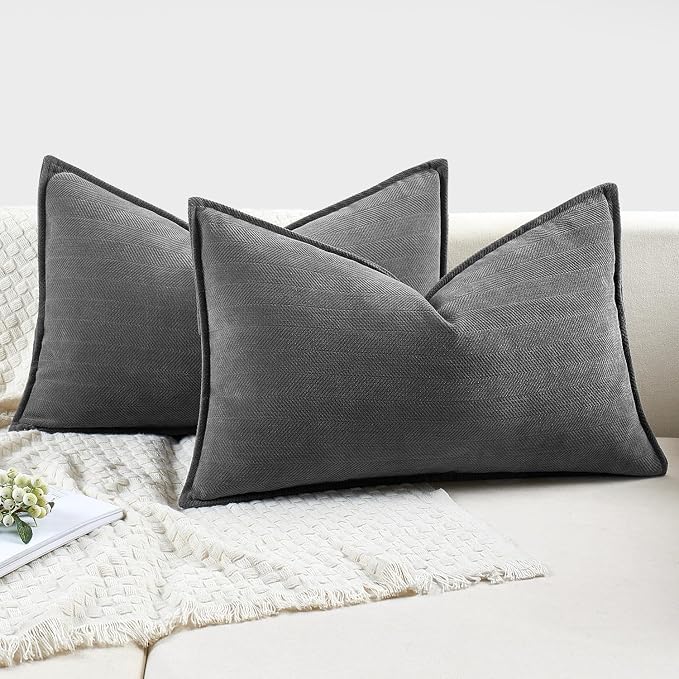 MIULEE Pack of 2 Dark Grey Decorative Lumbar Chenille Pillow Covers 12x20 | Soft Couch Throw Pillows,Farmhouse Cushion Covers with Elegant Design for Sofa,Bedroom,Living Room,Spring Home Decor