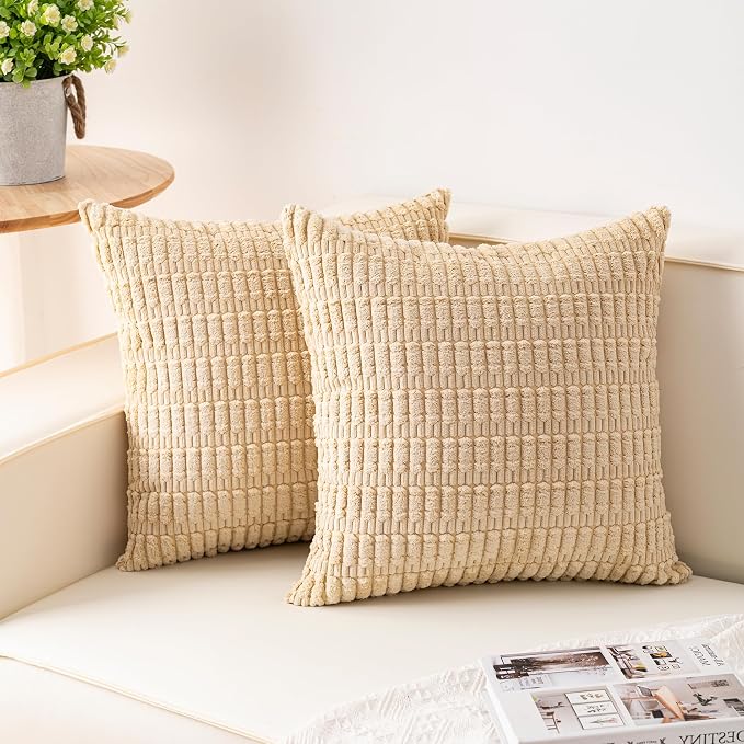Aegero Pack of 2 Corduroy Decorative Throw Pillow Covers 18x18 Inch, Beige | Fall Soft Striped Pillow Covers Modern Farmhouse Home Decor Christmas Throw Pillow Covers for Sofa Living Room Couch Bed