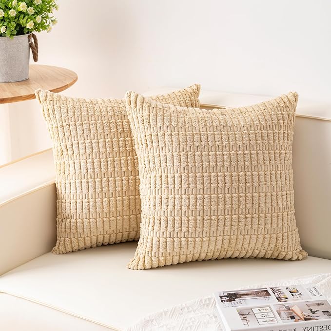 Aegero Pack of 2 Corduroy Decorative Throw Pillow Covers 20x20 Inch, Beige | Fall Soft Striped Pillow Covers Modern Farmhouse Home Decor Christmas Throw Pillow Covers for Sofa Living Room Couch Bed