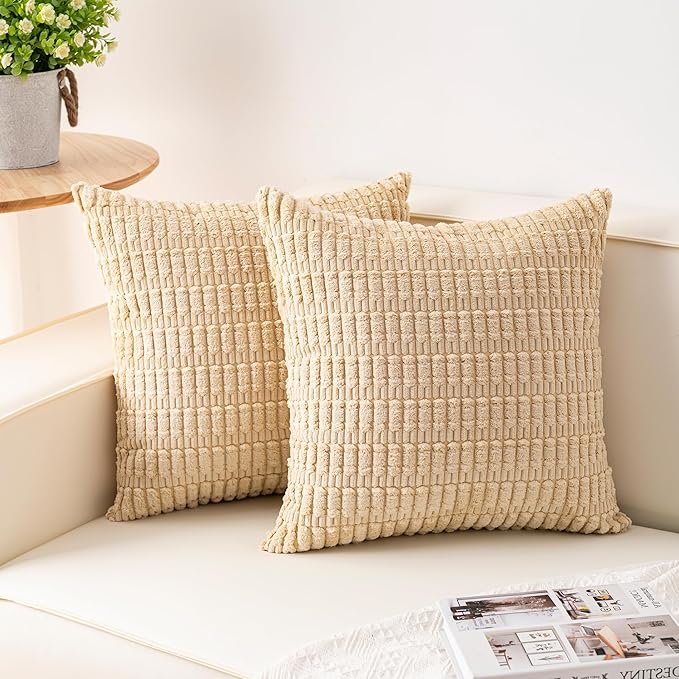 Aegero Pack of 2 Corduroy Decorative Throw Pillow Covers 26x26 Inch, Beige | Fall Soft Striped Pillow Covers Modern Farmhouse Home Decor Christmas Throw Pillow Covers for Sofa Living Room Couch Bed