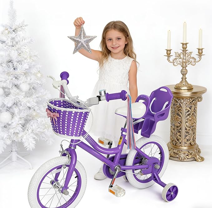 KORIMEFA Girls Bike for Ages 2-8 Years Toddler Kids with Doll Seat, 12 14 16 Inch Bicycle with Training Wheels, Little Small Princess Bicycle with Basket& Streamers, Girls Pedal Bike