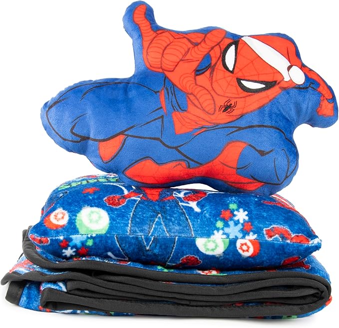 Jay Franco Kids 3 Piece Gift Set – 12" Shaped Character Pillow, 12" Decorative Pillow & 40" x 50" Throw Blanket, Ultra-Soft Plush Bedding, Couch Décor & Holiday Travel Set, Multi - Christmas Spiderman