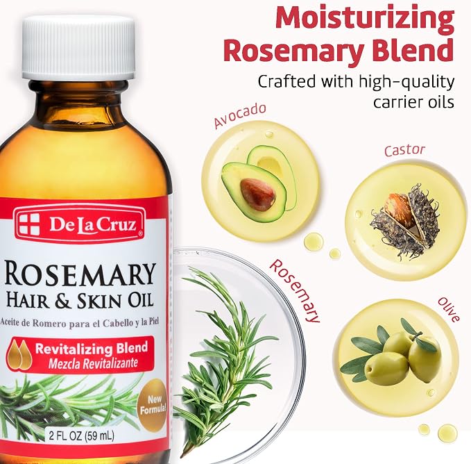 De La Cruz Rosemary Oil Blend Moisturizer with Castor, Avocado and Olive Oil, Glass Bottle, for Hair and Skin, 2 FL. OZ.