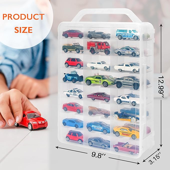 Double Sided Toy Car Storage Case for 48 Toy Cars, Matchbox Cars, Mini Toys, Small Dolls, Portable Storage Case for Toy Cars, Matchbox Cars with 46 Slots, Case Only (Transparent-2 Pack)