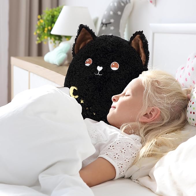Easfan Black Cat Plush Pillow Soft Plush Toy Cute Good Sleep Stuffed Animal Home Room Decoration Best Wish Birthday Gifts for Girls Boys Kids,12"
