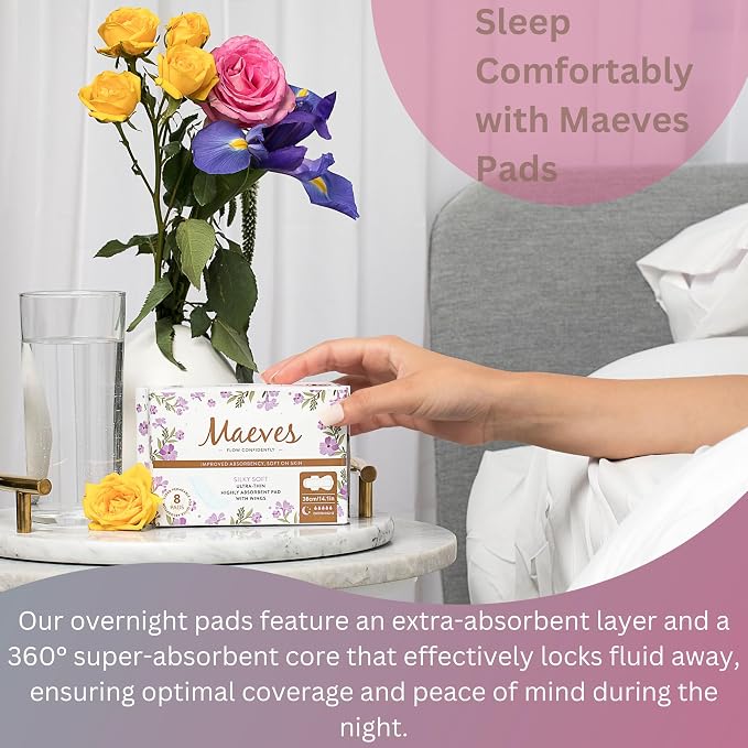 Maeves Pads Ultra Thin Extra Long Overnight Pads with Wings and for Extra Heavy Flow - 16 Counts (2 Packs of 8)