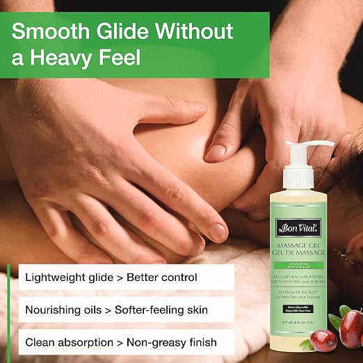 Bon Vital' Naturale Massage Gel, 8 oz Bottle with Pump, Hypoallergenic & Paraben-Free, Natural Massage Lotion Alternative with Botanical Extracts, Lightweight & Non-Greasy Formula, for Sensitive Skin
