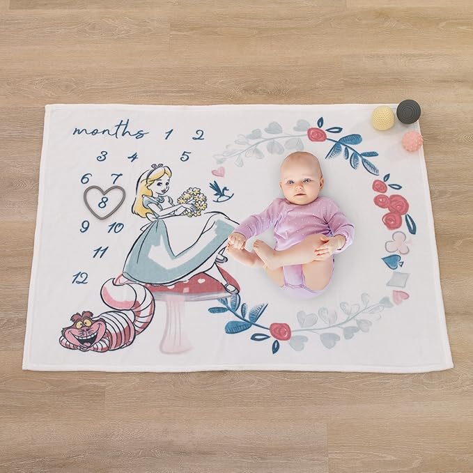 Disney Alice in Wonderland White, Pink, and Blue Cheshire Cat Super Soft Photo Op Milestone Baby Blanket