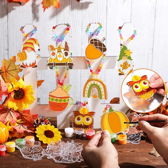 30 Sets Thanksgiving Day Fall Suncatchers Window Art Kits, Autumn Leaf Pumpkin Acorn DIY Sun Catchers Crafts Bulk Window Paint Art Ornaments for Classroom Home Party Activity (Autumn Style)