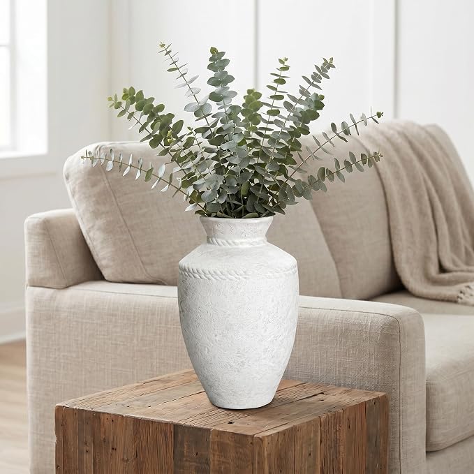 White Ceramic Flower Vase Home Decor 10 Inch Rustic Farmhouse Vase Decorative Pottery Terracotta Vases for Pampas Grass Dining Table Living Room Shelf Kitchen Bedroom Decor