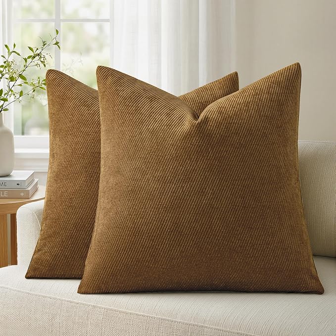 Fall Decorative Throw Pillow Covers Pack of 2,16x16 Inch Warm Brown | Twill Chenille Cushion Covers for Sofa Living Room Couch Bed